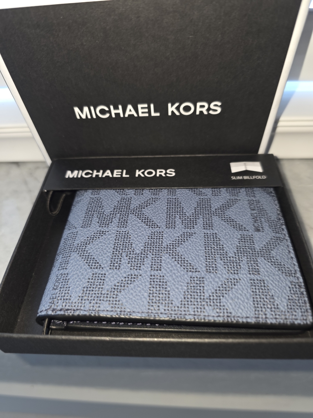 Michael Kors Men’s Light Blue MK Signature Slim Billfold Wallet